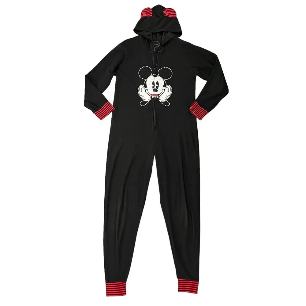Disney Mickey One Piece Pajama Youth Girls S Small Zip Front Footless Hooded PJs